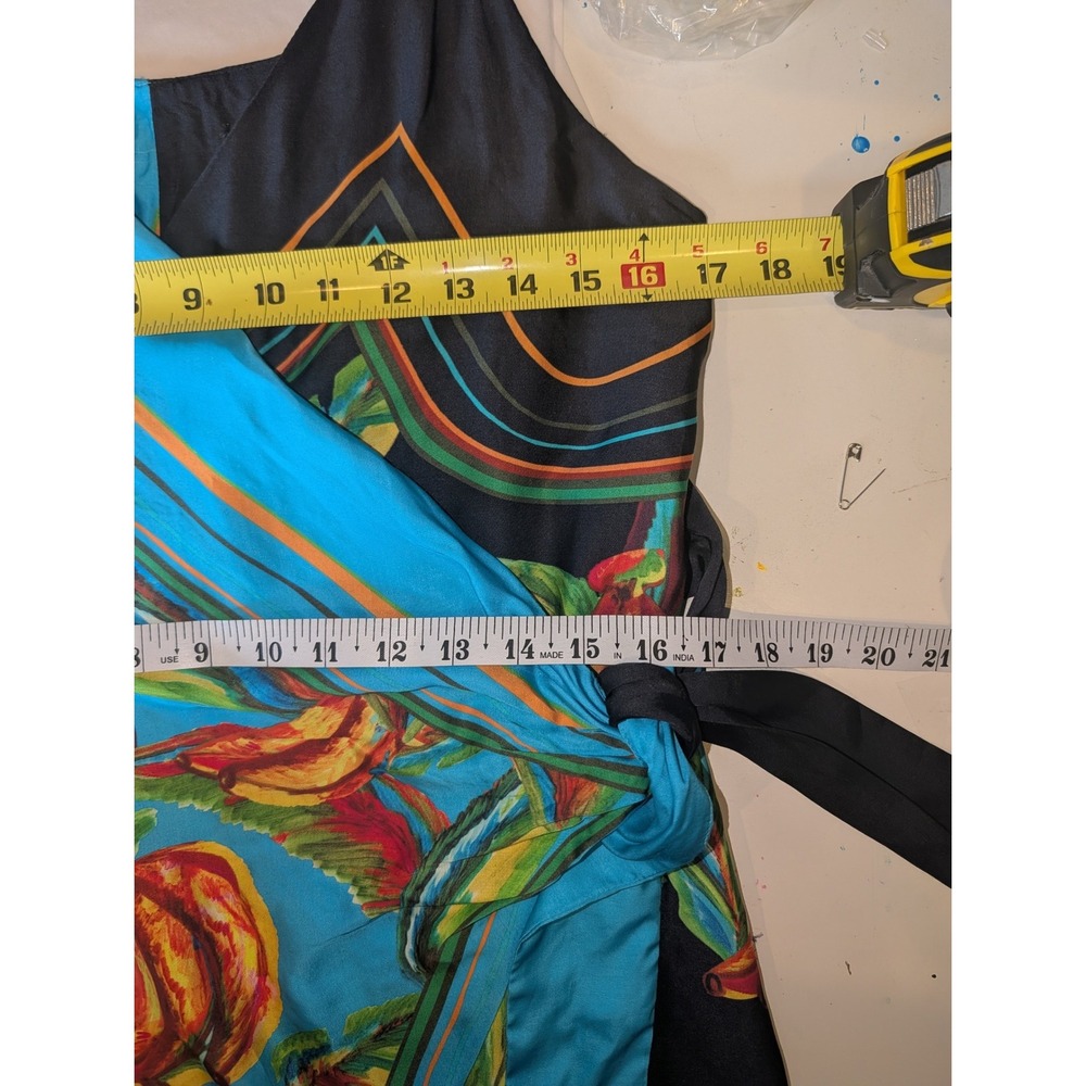 Farm Rio Womens Tropical Banana Print Mini Wrap Dress Blue Black Scarf Print - Picture 9 of 10